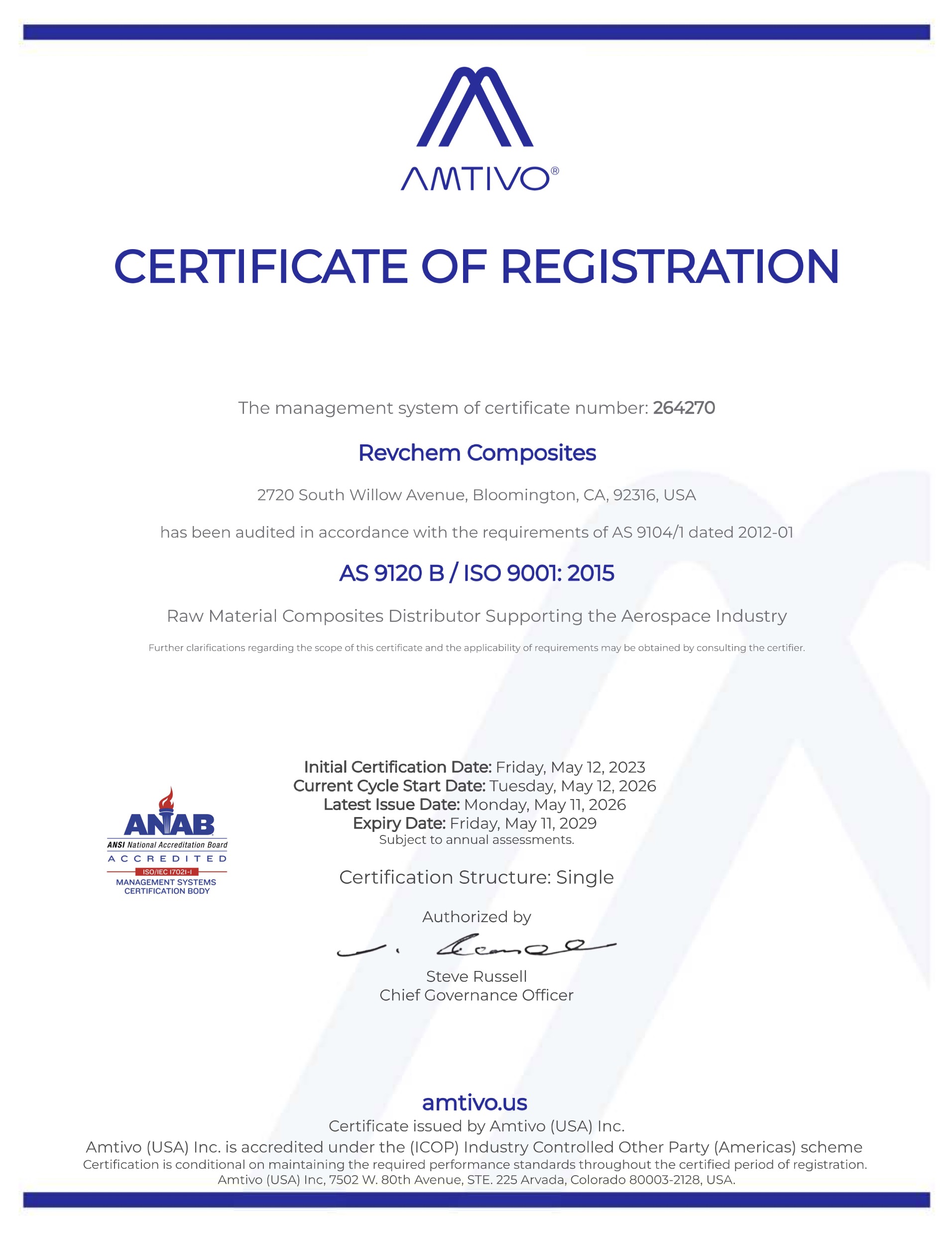 2026-AS9120B-ISO91002015-264270-Certification-Revchem-Composites AMTIVO Certification for AS 9120 B aerospace and ISO 9001: 2015 quality management categories